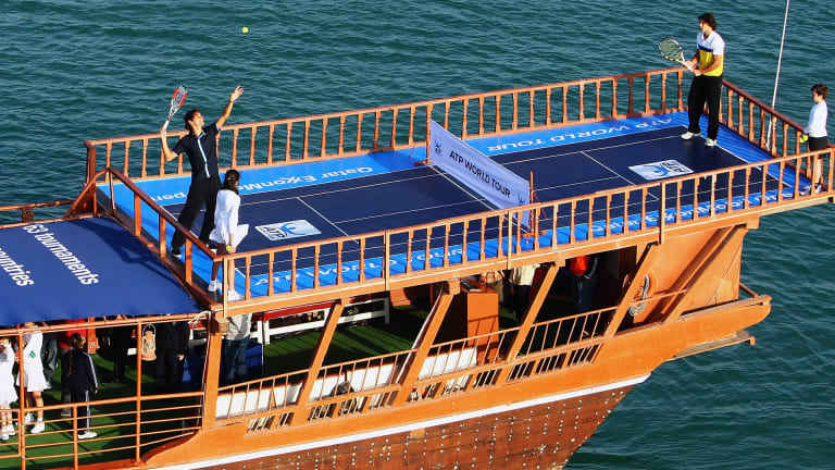 In 2009, the ATP season kicked off with a bang as Federer and Nadal had a hit on top of a dhow in Doha Bay. They even had ballkids on the boat, but looks like they’d need scuba gear to track down stray balls!