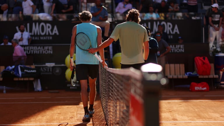 The win boosted Tsitsipas’ record versus Zverev (left) to 8-4, including 2-1 on clay this year.