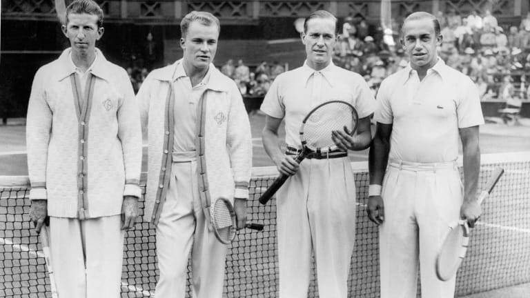 From left to right: American tennis players Donald Budge, Gene Mako, Germans Gottfried Von Cramm and Henner Henkel just before the Davis Cup inter-zone finals between Germany and United States.