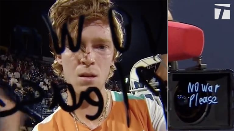In late February 2022, Rublev signed "No War Please" on a camera lens in a Dubai victory that immediately followed Russia's invasion of Ukraine. Later that year at the ATP Finals, Rublev wrote "Peace Peace Peace All We Need" after edging past Medvedev.