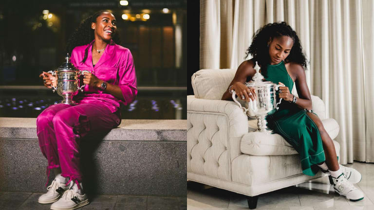 After her US Open victory, Gauff rocked a hot pink outfit with white sneakers for an on-site photoshoot (left).