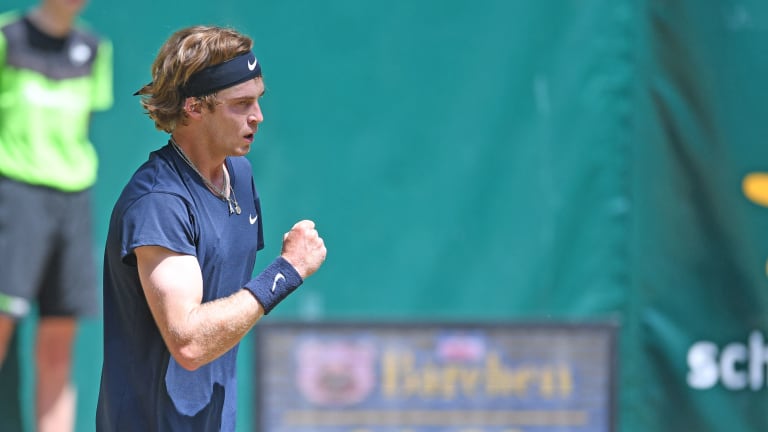 Andrey Rublev is yet to drop a set in Halle, his fourth career grass-court main draw appearance (Getty Images).