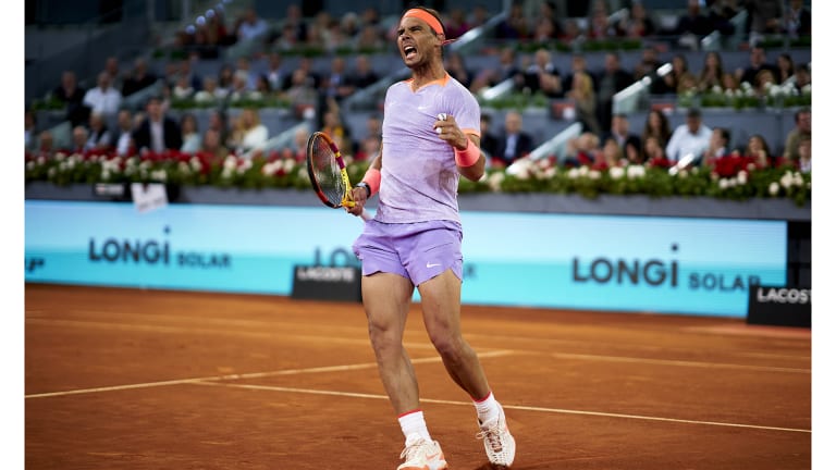 Nadal has kept on bringing the bright colors and eye-catching combos during what's expected to be his farewell season—seen here in pastel purple at the Madrid Open.