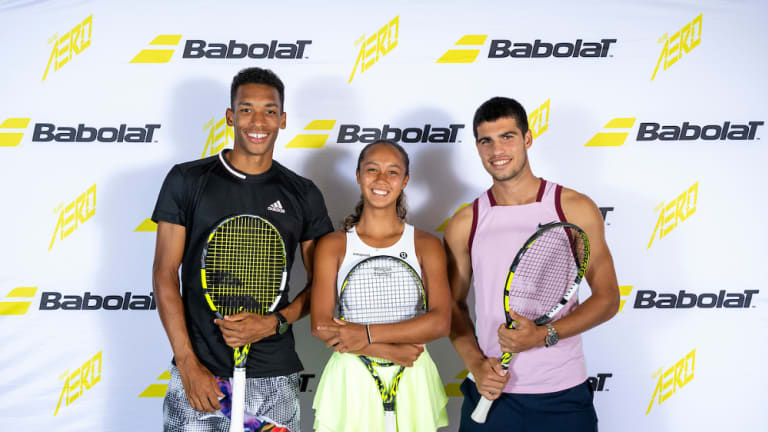Alcaraz was on hand alongside fellow Babolat athletes Félix Auger-Aliassime and Leylah Fernandez to celebrate the 2023 Aero line launch in New York City.
