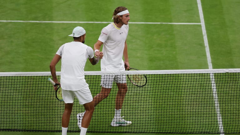 A drive-by handshake between Kyrgios and Tsitsipas, after their contentious Wimbledon clash.