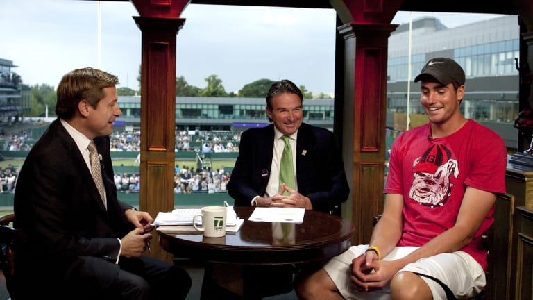 A day after winning the longest tennis match in history—183 games, including a 138-game fifth set—John Isner took a well-deserved seat with Jimmy Connors and Bill Macatee, at the 2010 Wimbledon Championships.