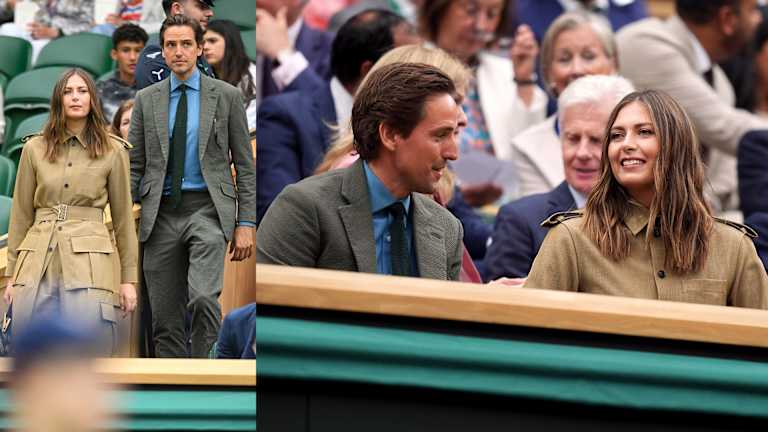 Sharapova and fiance Alexander Gilkes took their seats on Centre Court, 20 years to the day since the Russian's victory here.