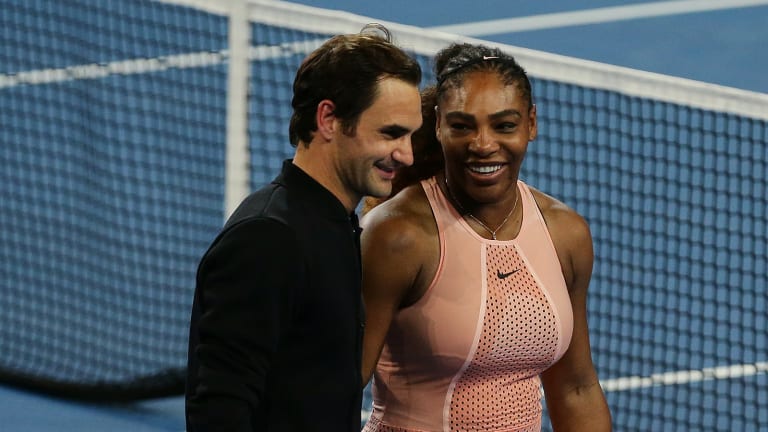 Roger and Serena during their only playing appearance together, at the 2019 Hopman Cup in Perth, Australia.