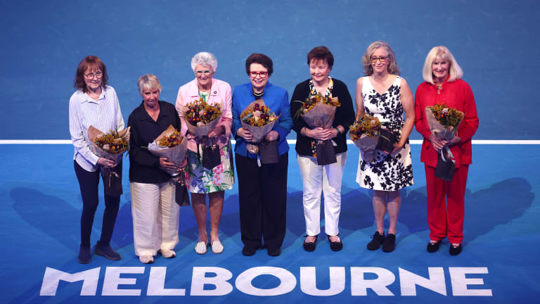 Seven of the Original Nine—Peaches Bartkowicz, Casals, Judy Dalton, King, Kerry Melville Reid, Kristy Pigeon and Valerie Ziegenfuss—were on hand for a special celebration ahead of the women's semifinals.
