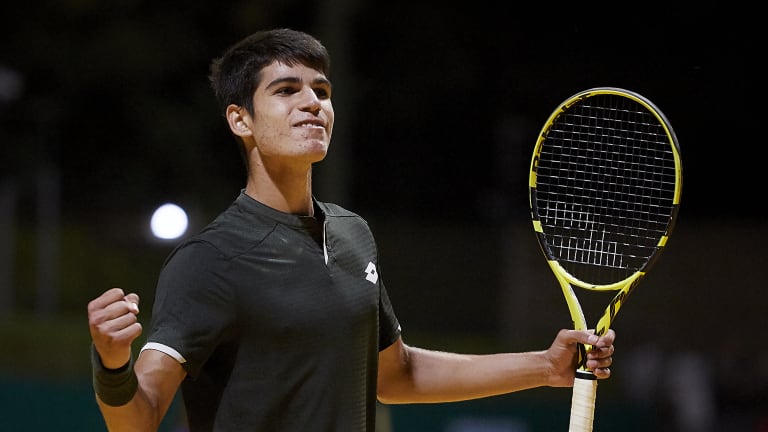 Alcaraz, then 16, pictured after winning ATP Challenger match at Seville in September 2019.