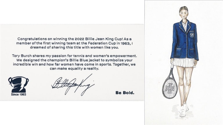 Left: The inscription inside each of the jackets is written and signed by Billie Jean King. Right: Original jacket sketches from the designer.