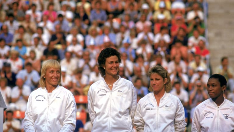 Navratilova, with U.S. Fed Cup teammates Shriver, Evert and Garrison, during an emotional tie in Prague.