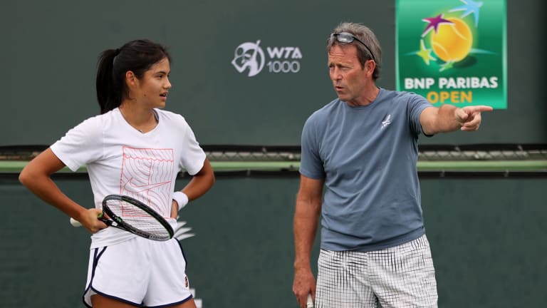 Emma Raducanu spent much of the 2021 season in search of a permanent coach, working with Jeremy Bates (right) during the BNP Paribas Open.