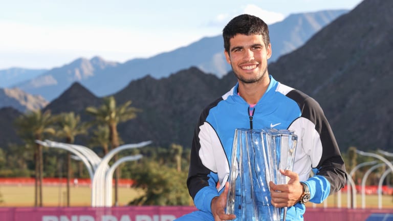 Alcaraz is the first man to repeat at Indian Wells since Novak Djokovic three-peated there from 2014 to 2016.
