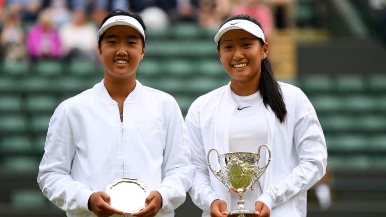 Ann Li (left) and Claire Liu (right) after their 2017 Wimbledon junior final.