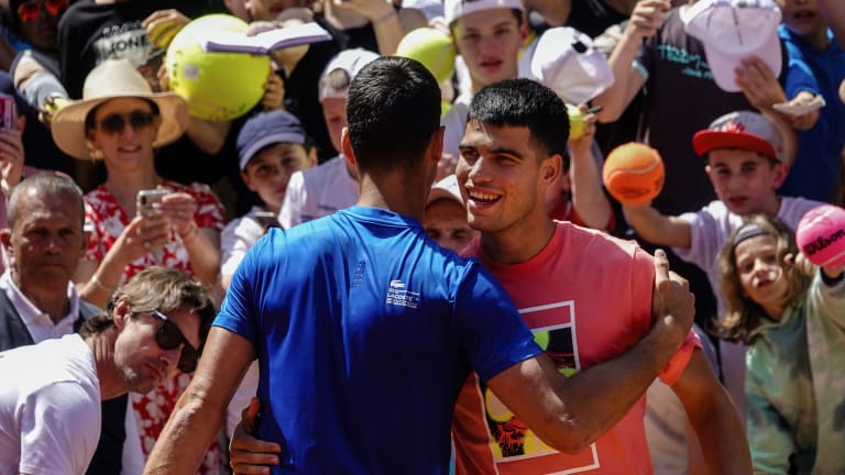 Djokovic and Alcaraz with a warm embrace earlier this Roland Garros.