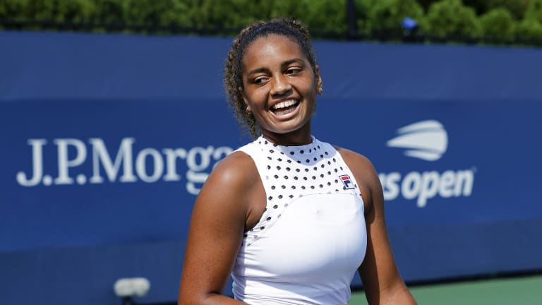 2021 US Open girls' champion Robin Montgomery celebrates her victory.