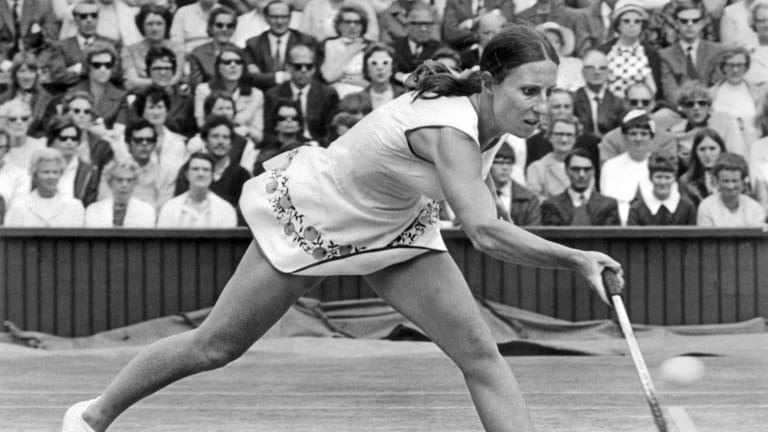 Durr reaches for a forehand during her quarterfinal match against Billie Jean King at Wimbledon. (1970)
