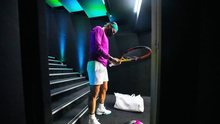 Rafael Nadal preparing for his third round match against Karen Khachanov in the 2022 Australian Open