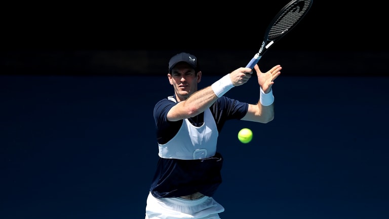 Andy Murray wears a smart vest with fitness tracking sensors during a practice session at the Australian Open.