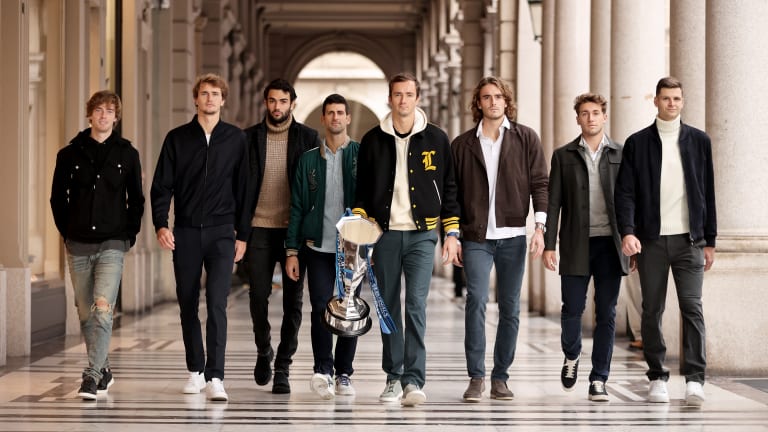As the ATP Finals stepped into a new era with a move to Turin in 2021, at least one thing stayed the same: Andrey Rublev (left) apparently missed the 'business casual' memo and turned up to the official photo in ripped and distressed jeans.