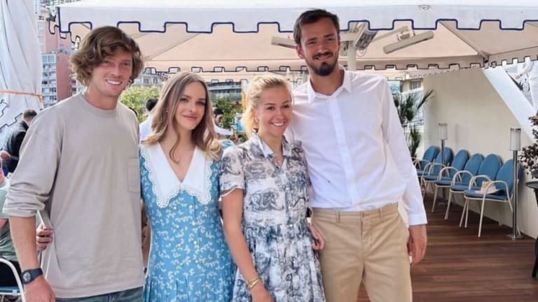 Andrey Rublev (left) received a whole new set of responsibilities in his role as godfather to Daniil Medvedev's (right) daughter.