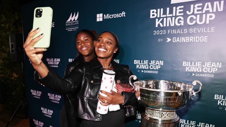 Sloane Stephens snaps a selfie with Clervie Ngounoue.