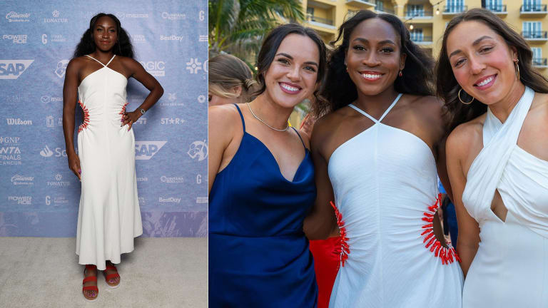 Coco Gauff's outfit to the WTA Finals Cancun player party and group photo.