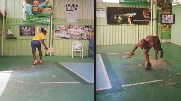 Sheldene “Babyface Assassin” Walrond and Mark “Venom” Griffith, the top-ranked players, compete in "The Sauna," an indoor facility for road tennis.