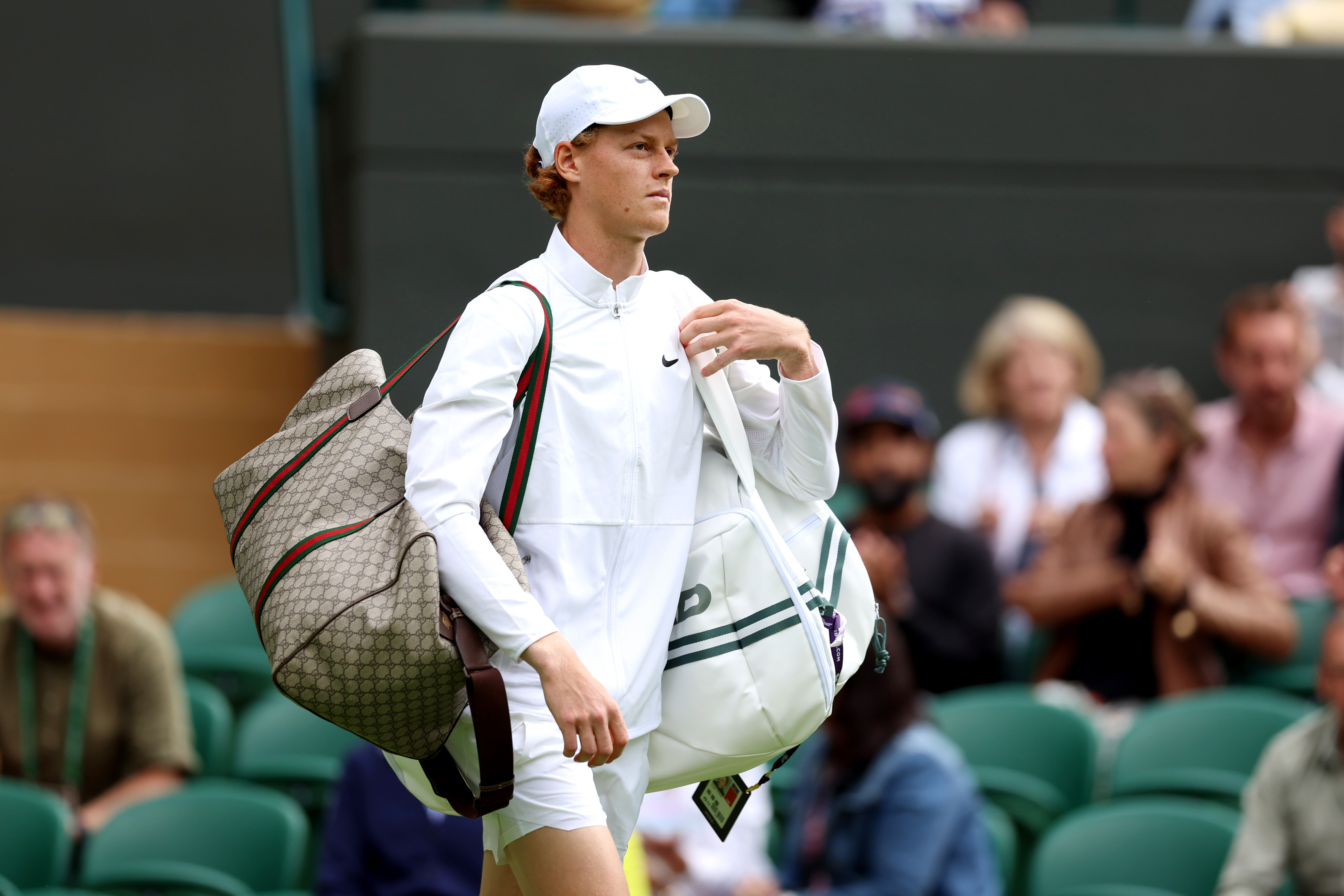janniksin with a custom 1 of 1 @gucci bag at Wimbledon 🌱🔥 . 📸 @gucci
